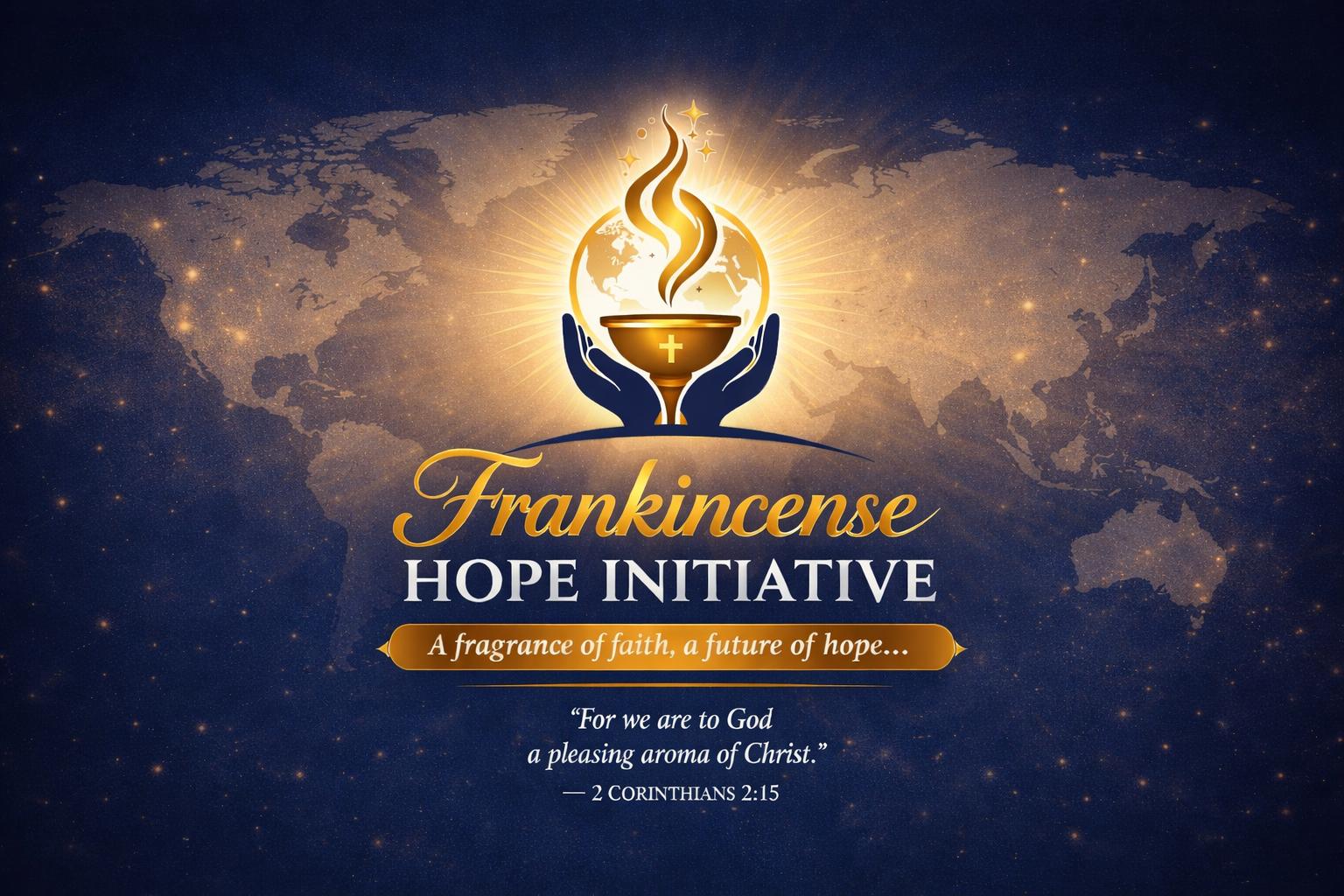 Frankincense Hope Initiative — golden flame rising from a chalice held by hands above the world, with the verse: For we are to God a pleasing aroma of Christ. — 2 Corinthians 2:15